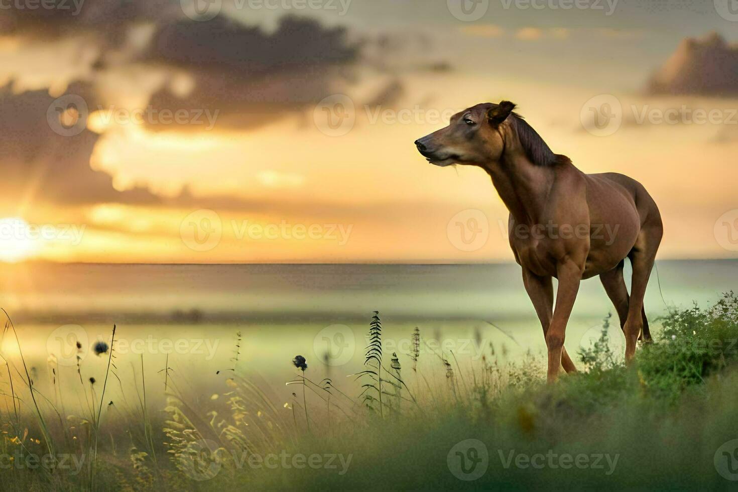 un caballo soportes en un colina con vista a el Oceano a puesta de sol. generado por ai foto