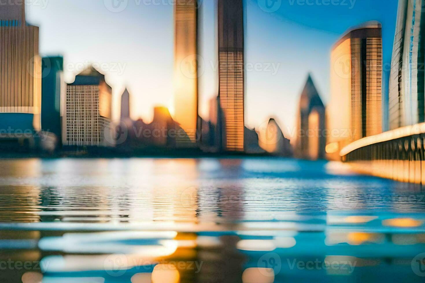 un ciudad horizonte es reflejado en agua a puesta de sol. generado por ai foto