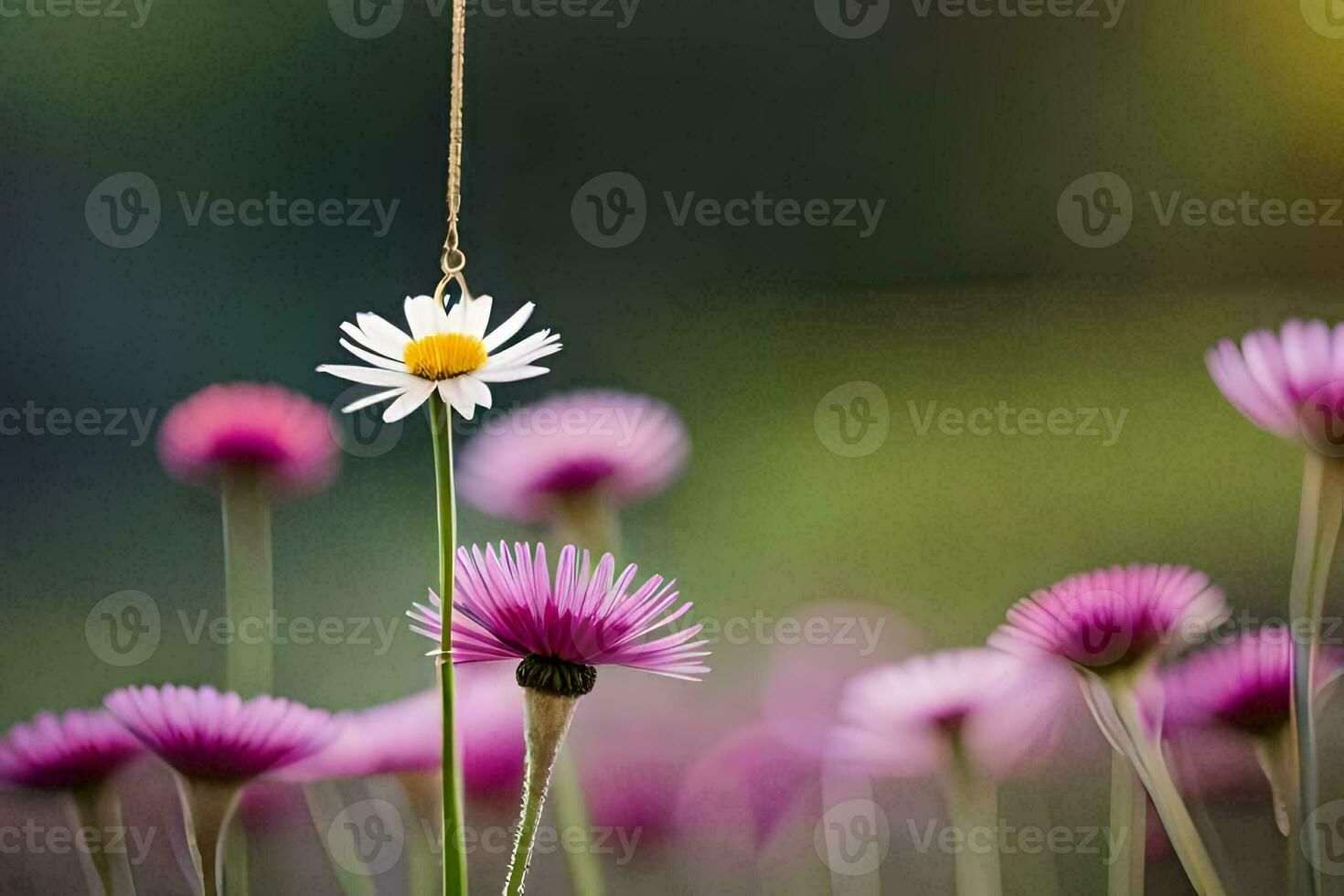 a daisy hanging from a string in a field of flowers. AI-Generated photo