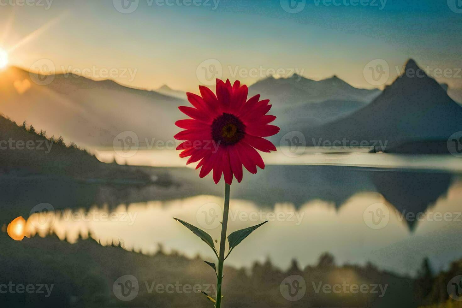 a red flower stands in front of a lake and mountains. AI-Generated photo