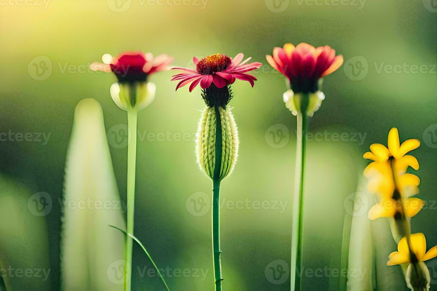 Tres rojo flores en el medio de un campo. generado por ai foto