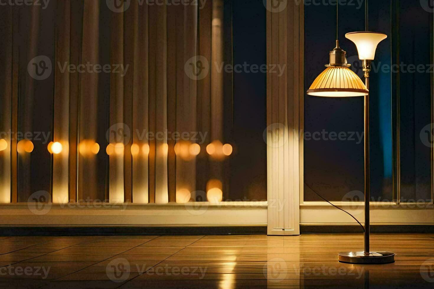 a lamp is sitting on a floor in front of a window. AI-Generated photo