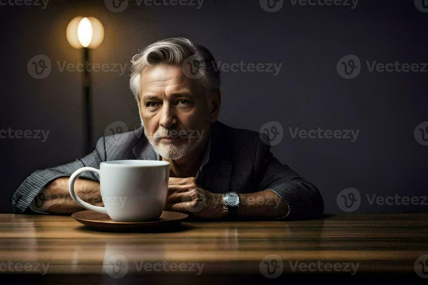 an older man sitting at a table with a coffee cup. AI-Generated photo