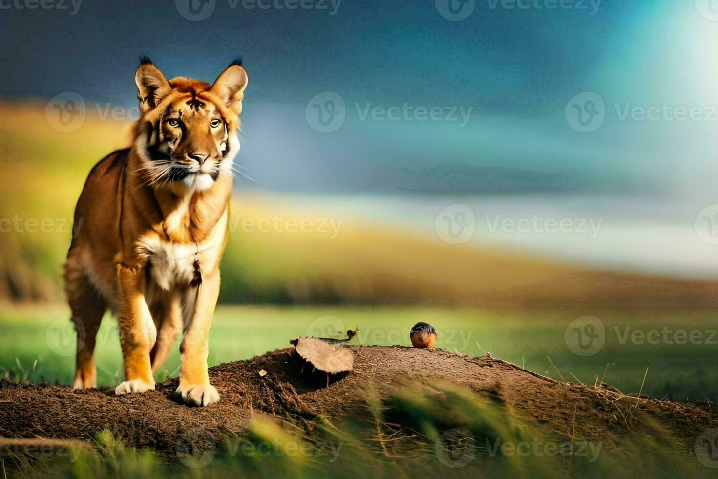 a tiger standing on top of a mound in the grass. AI-Generated photo