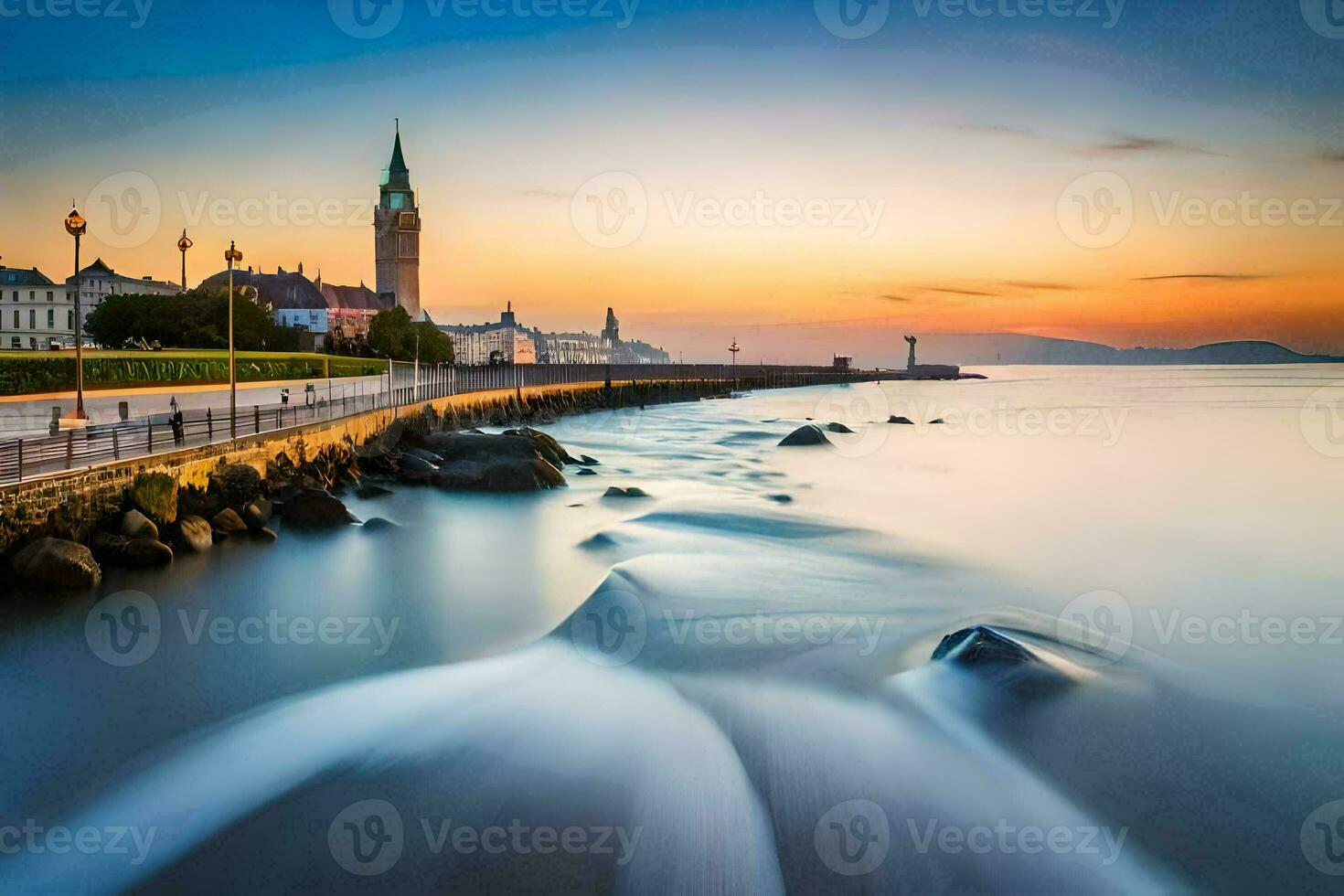 a long exposure photograph of the sea and a tower at sunset. AI-Generated photo