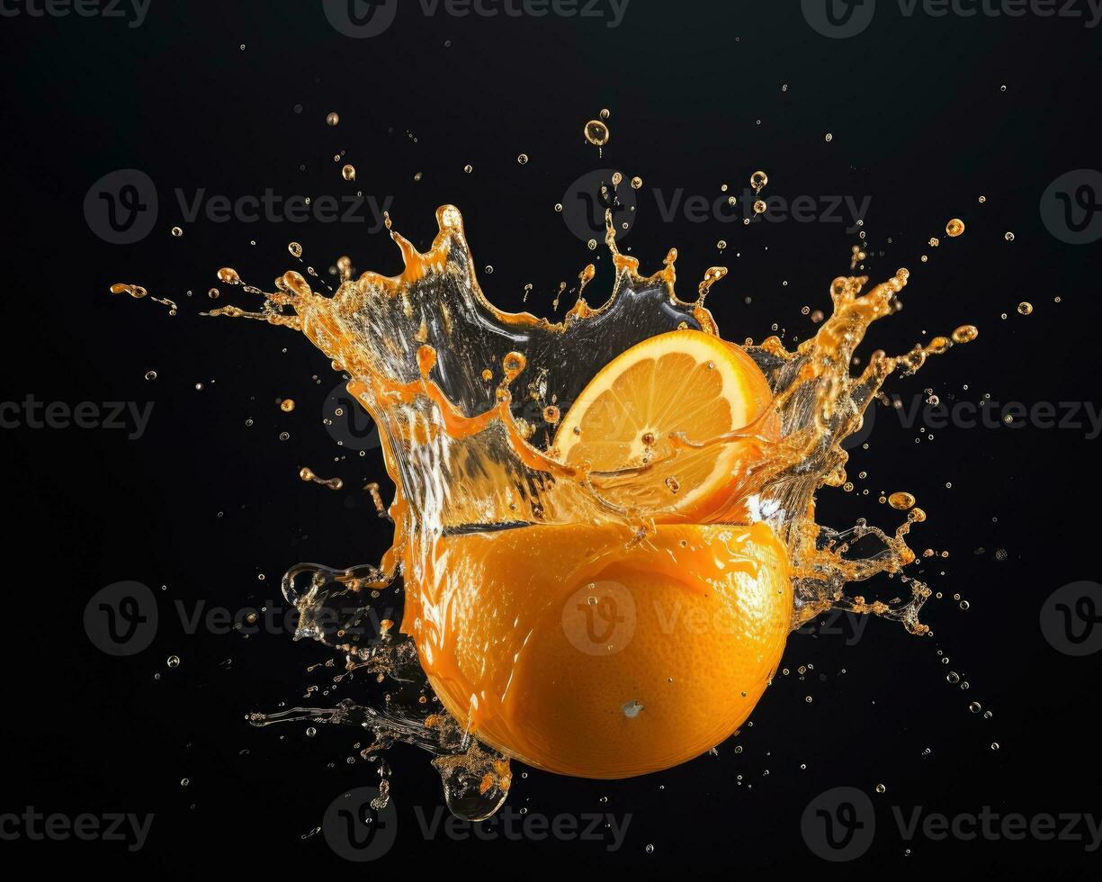 Slice of fresh orange with a splash of water isolated on the studio background. Concept of product package design element. AI Generated photo