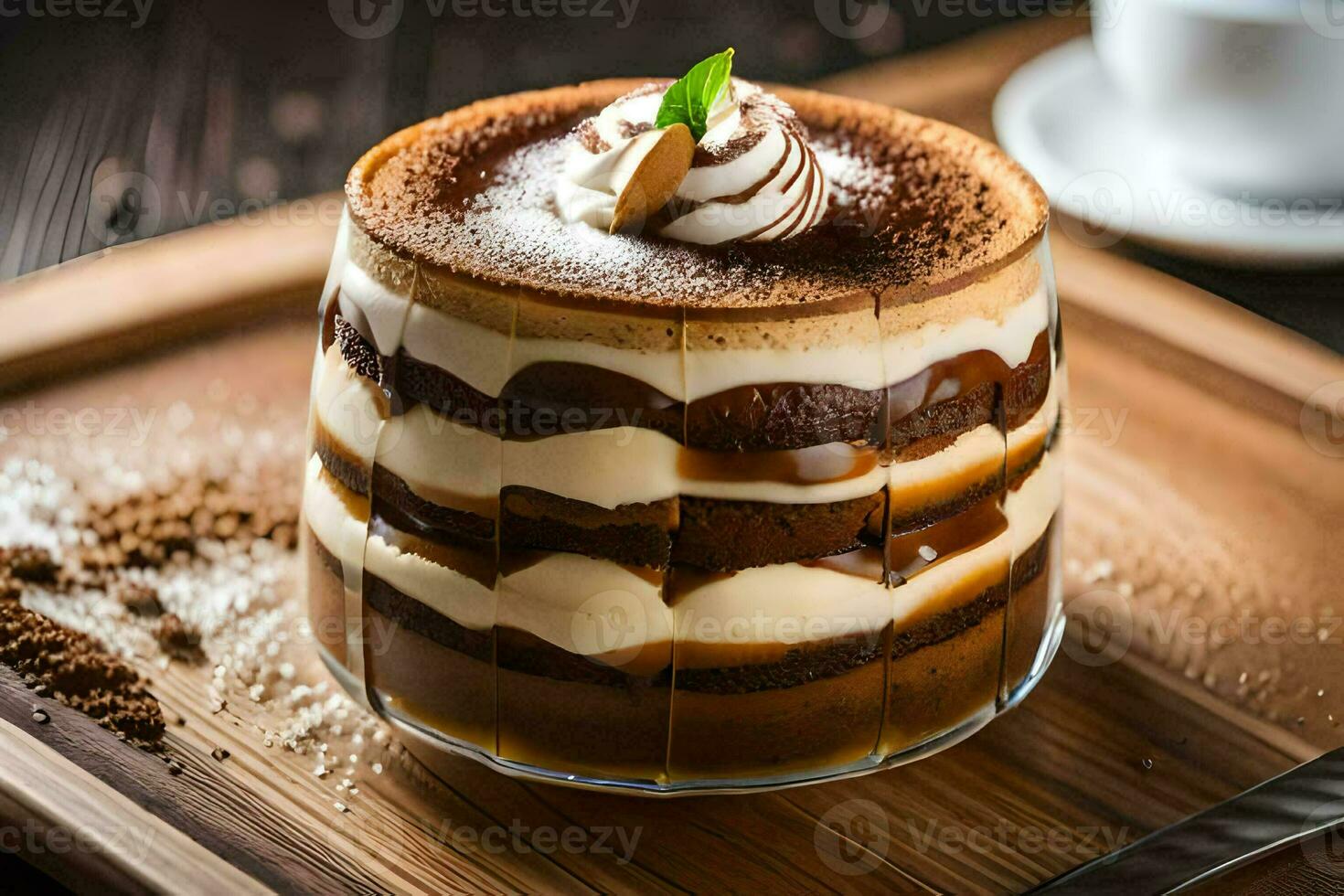 a dessert in a glass with a coffee cup. AI-Generated photo