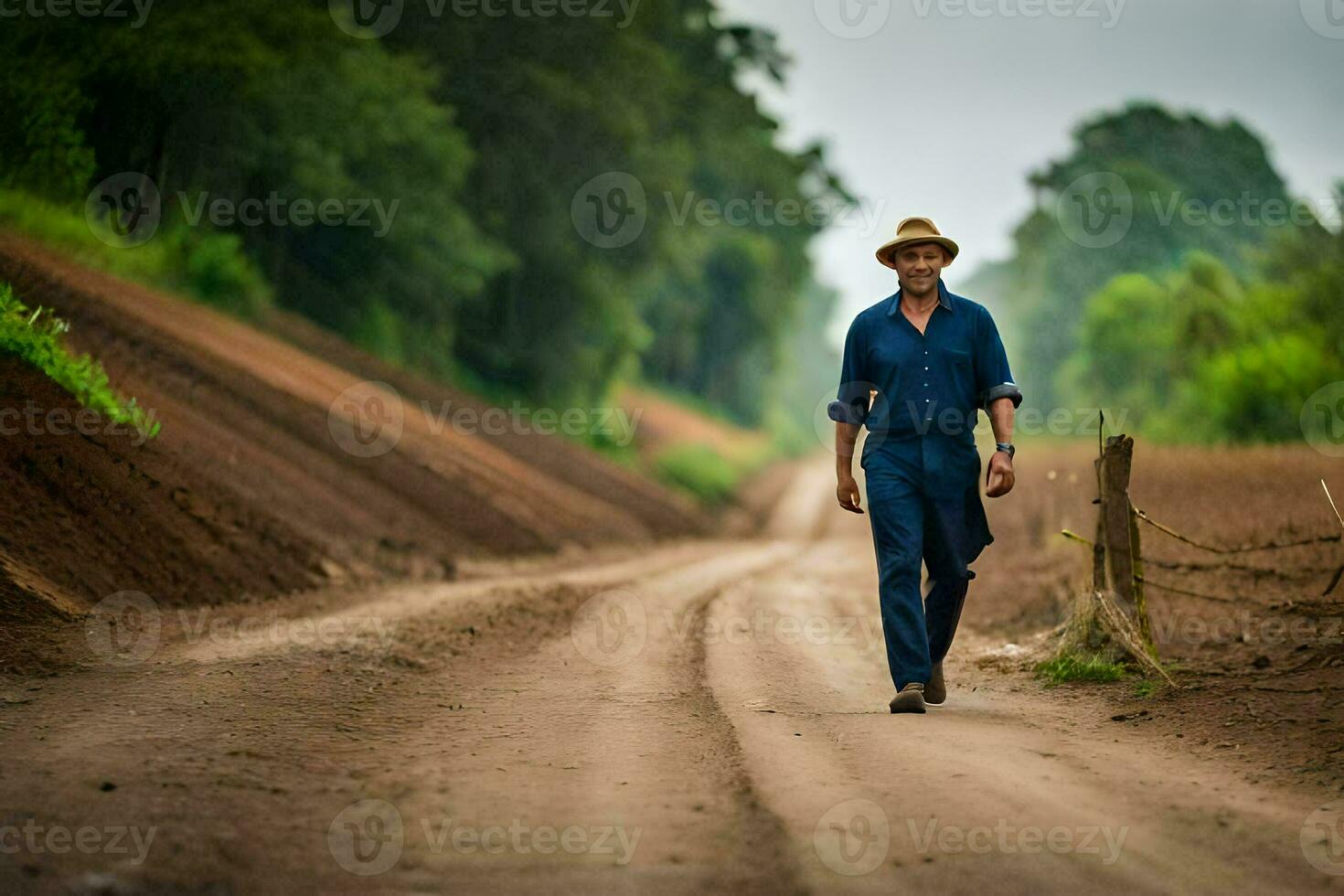 a man in a hat and blue shirt walking down a dirt road. AI-Generated photo