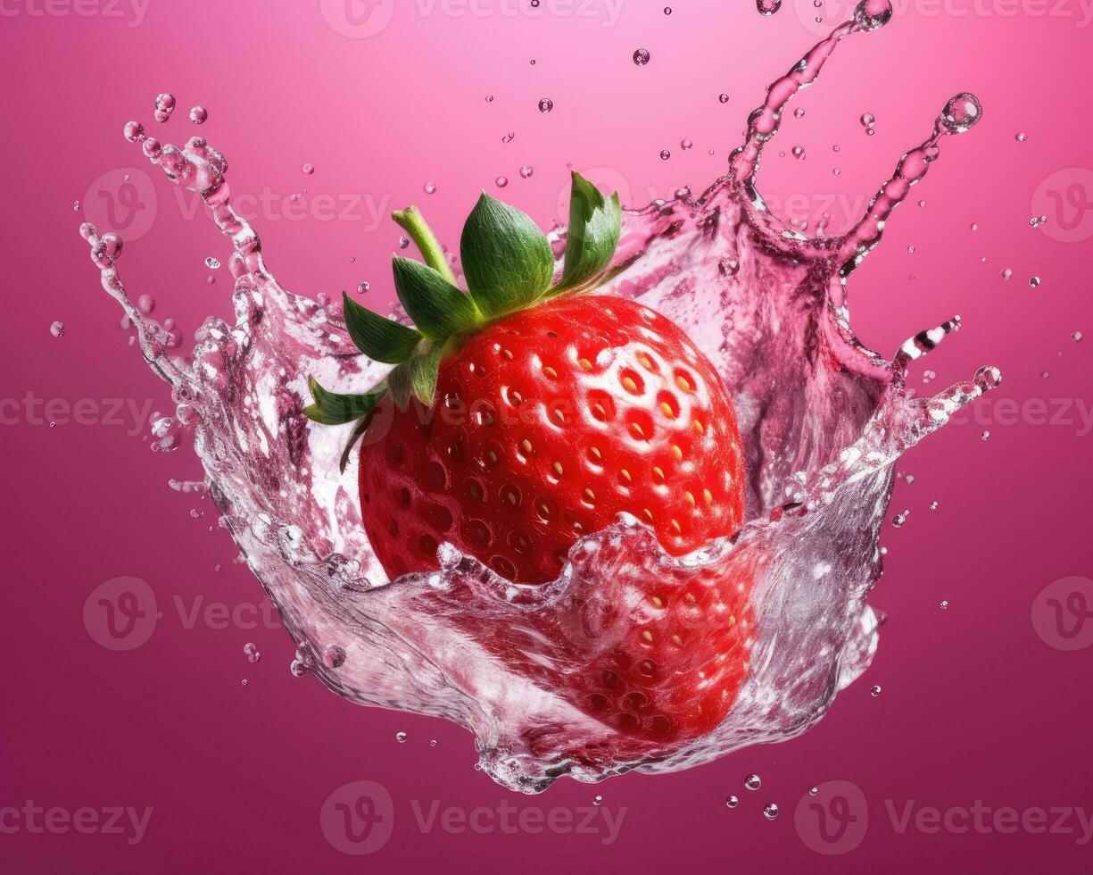 strawberry falling from air with water. Closeup of single ripe strawberry with water splash isolated on pink background. Product package design concept. AI Generated photo
