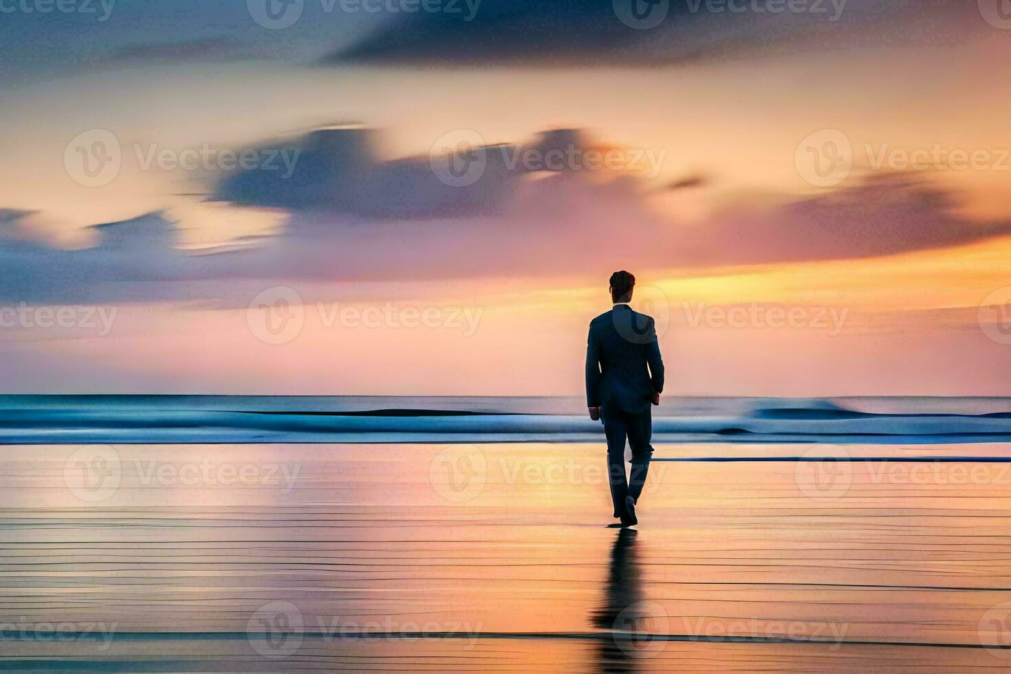 un hombre en un traje camina en el playa a puesta de sol. generado por ai foto