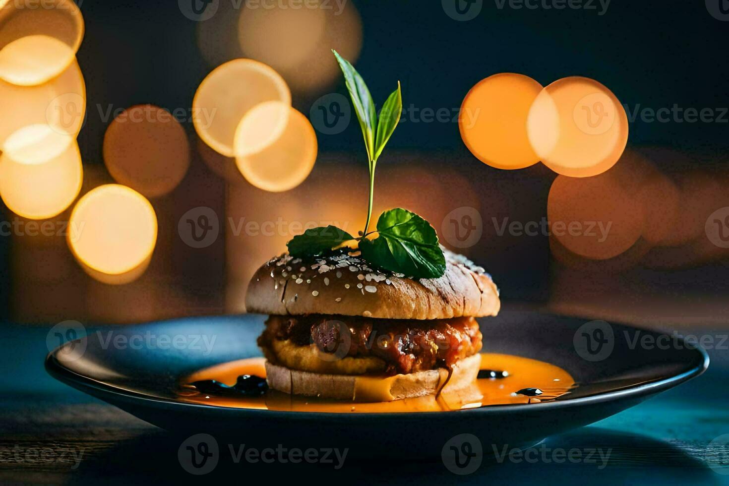 a burger on a plate with a light background. AI-Generated photo
