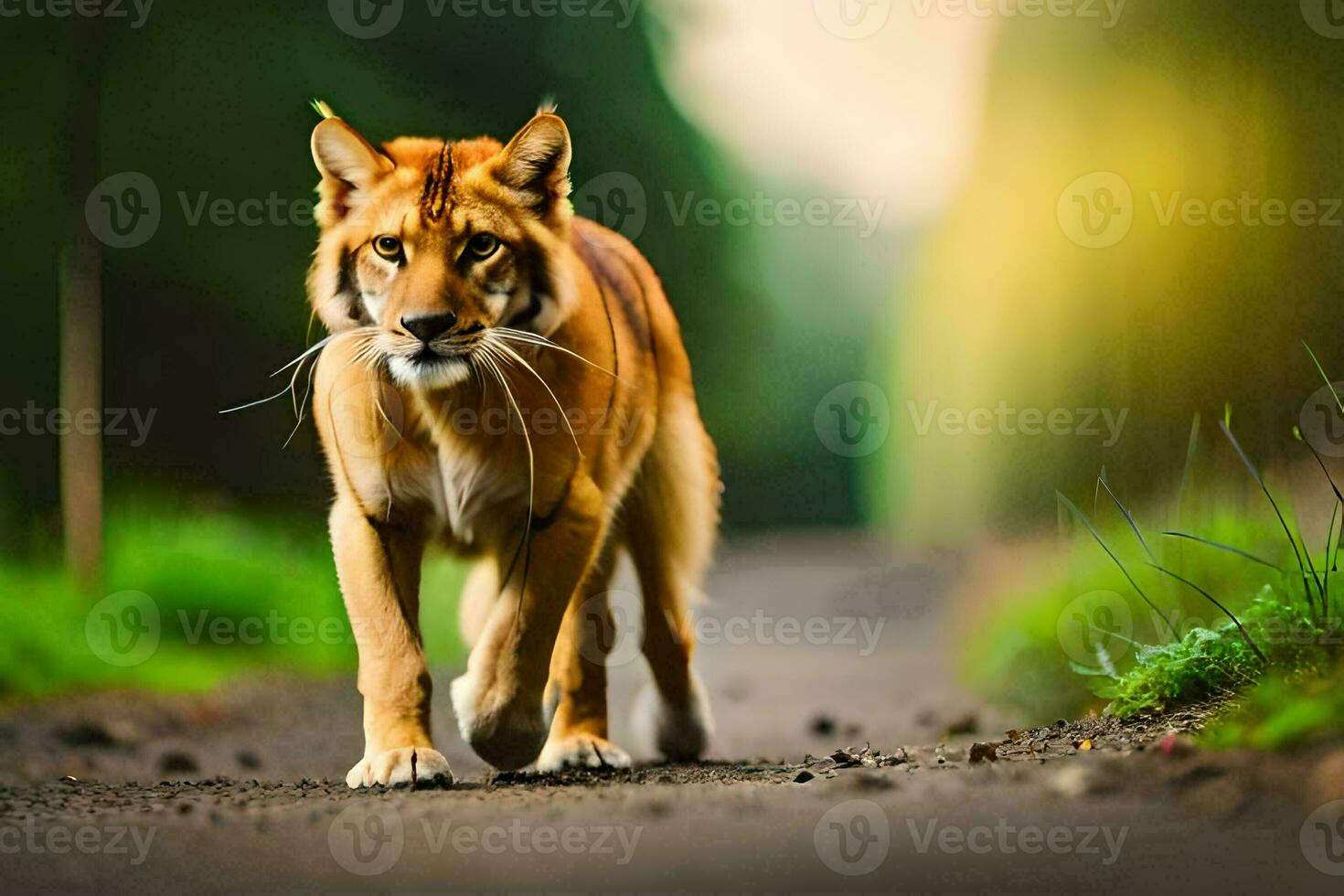 a large brown cat walking on a road. AI-Generated photo