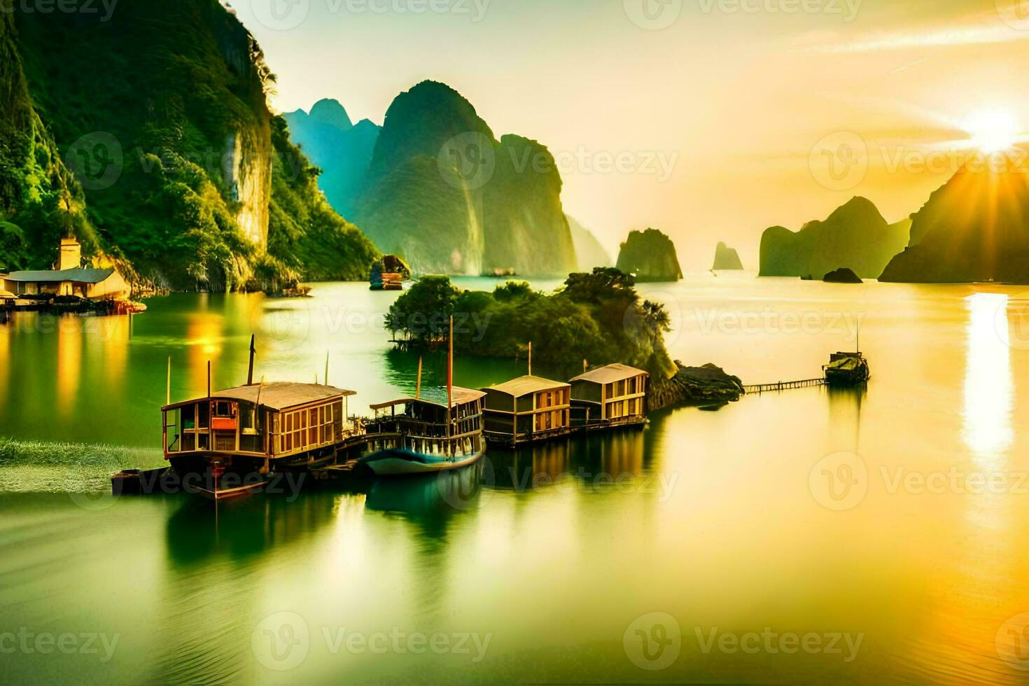 boats in the water at sunset in vietnam. AI-Generated photo