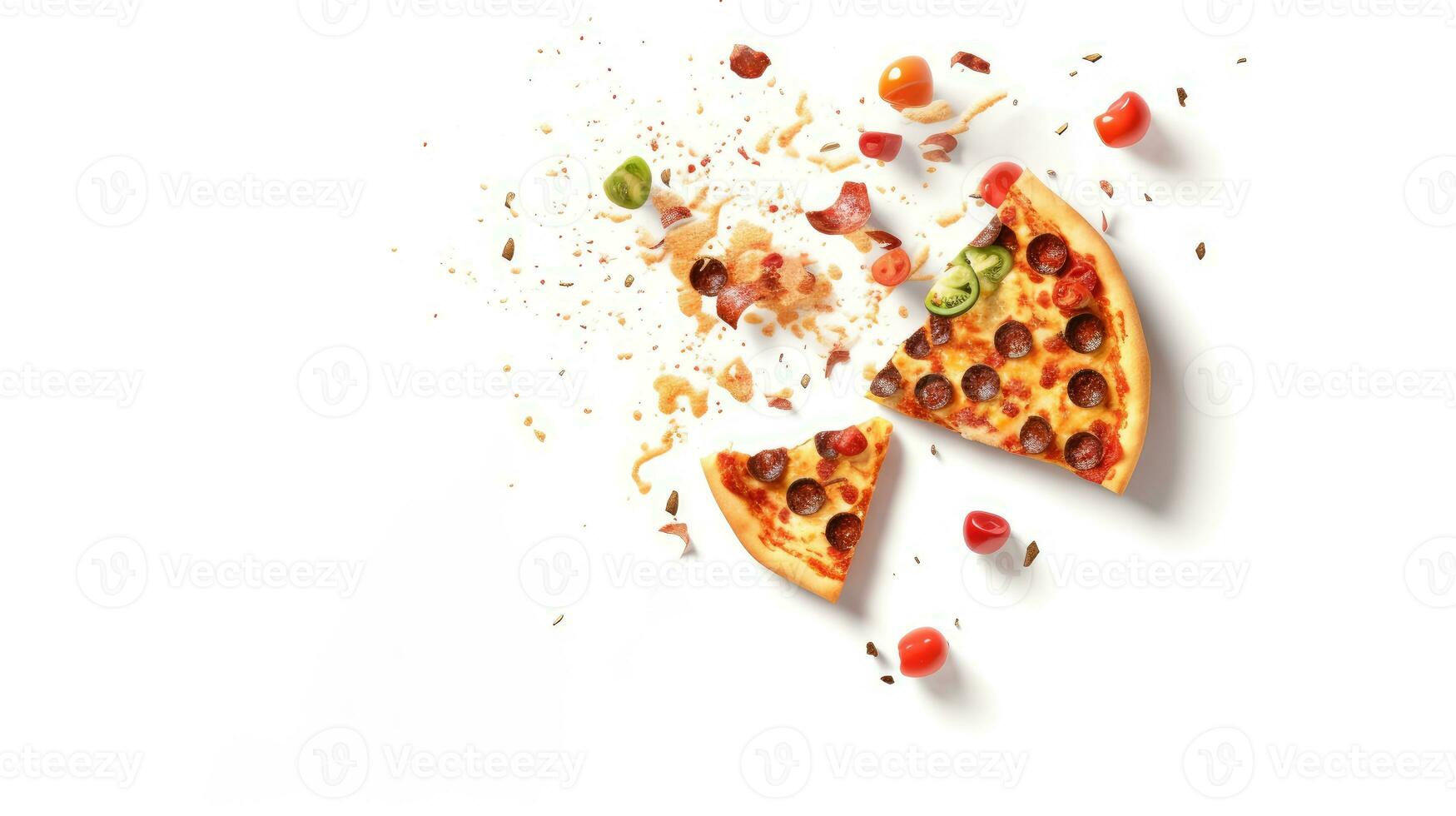 Sliced piece of pizza with a splash of ingredients and spices isolated on white background. AI Generated photo