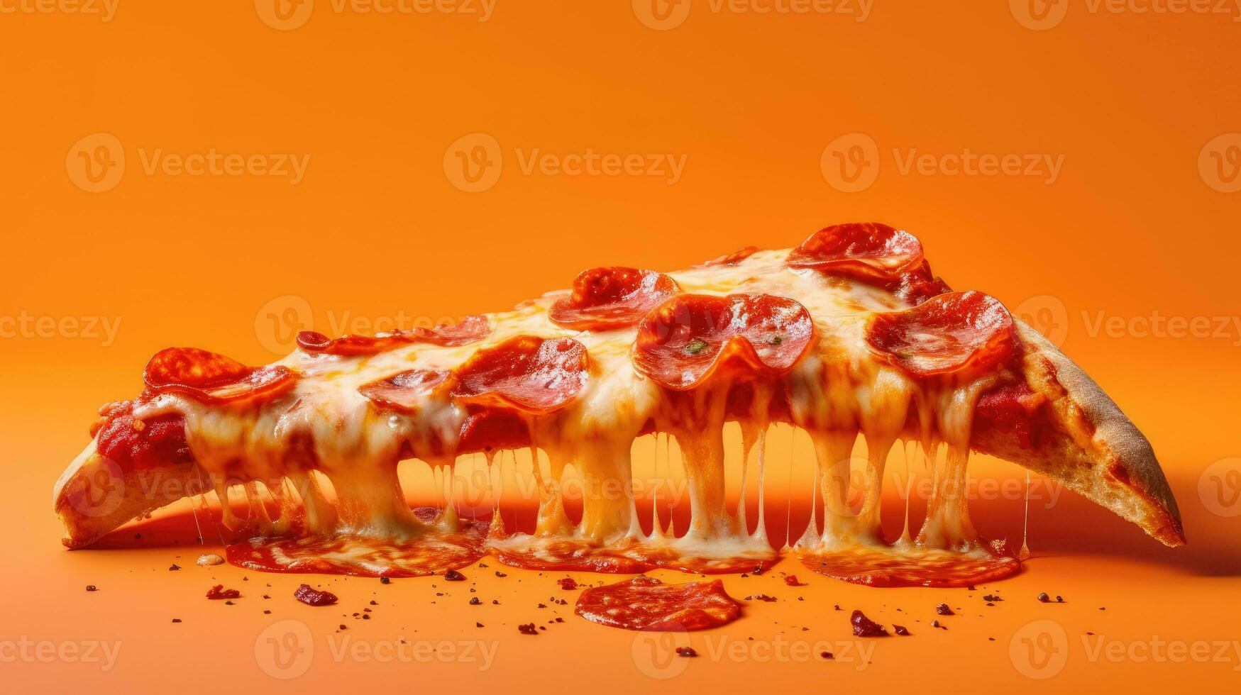 Hot pizza slice with melting cheese isolated on orange background. AI Generated photo