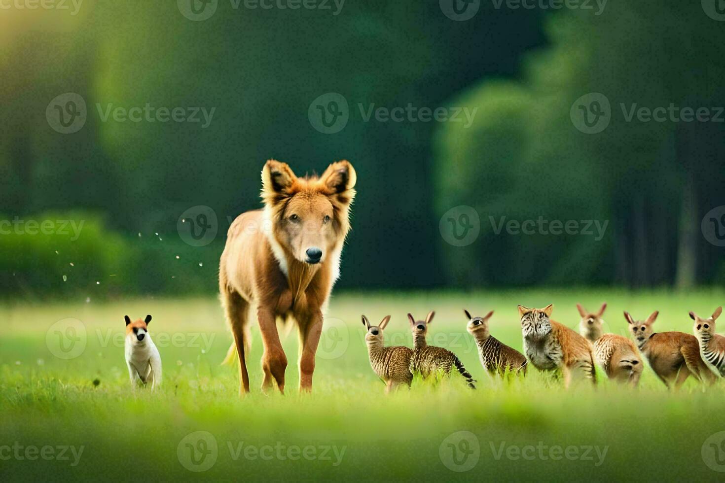 un perro y un grupo de pequeño animales en un campo. generado por ai foto