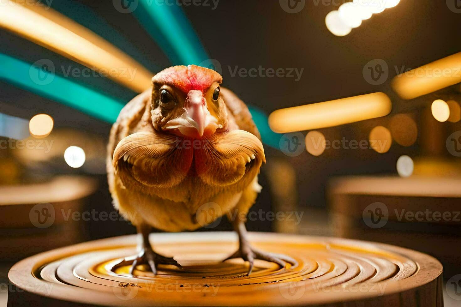 a chicken standing on top of a wooden barrel. AI-Generated photo