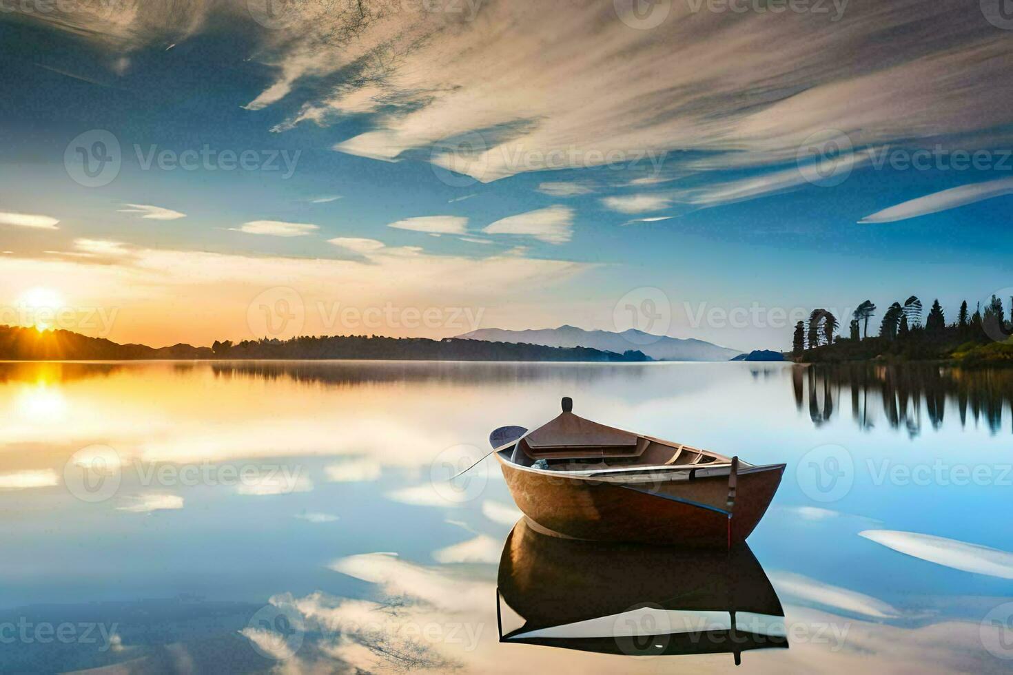 a boat sits on the calm water at sunset. AI-Generated photo