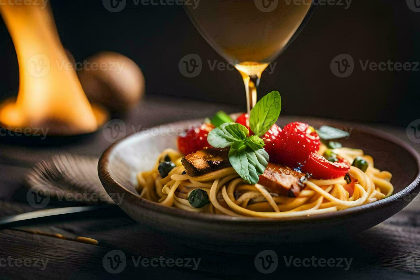 spaghetti with meat, tomatoes and mushrooms in a bowl. AI-Generated photo