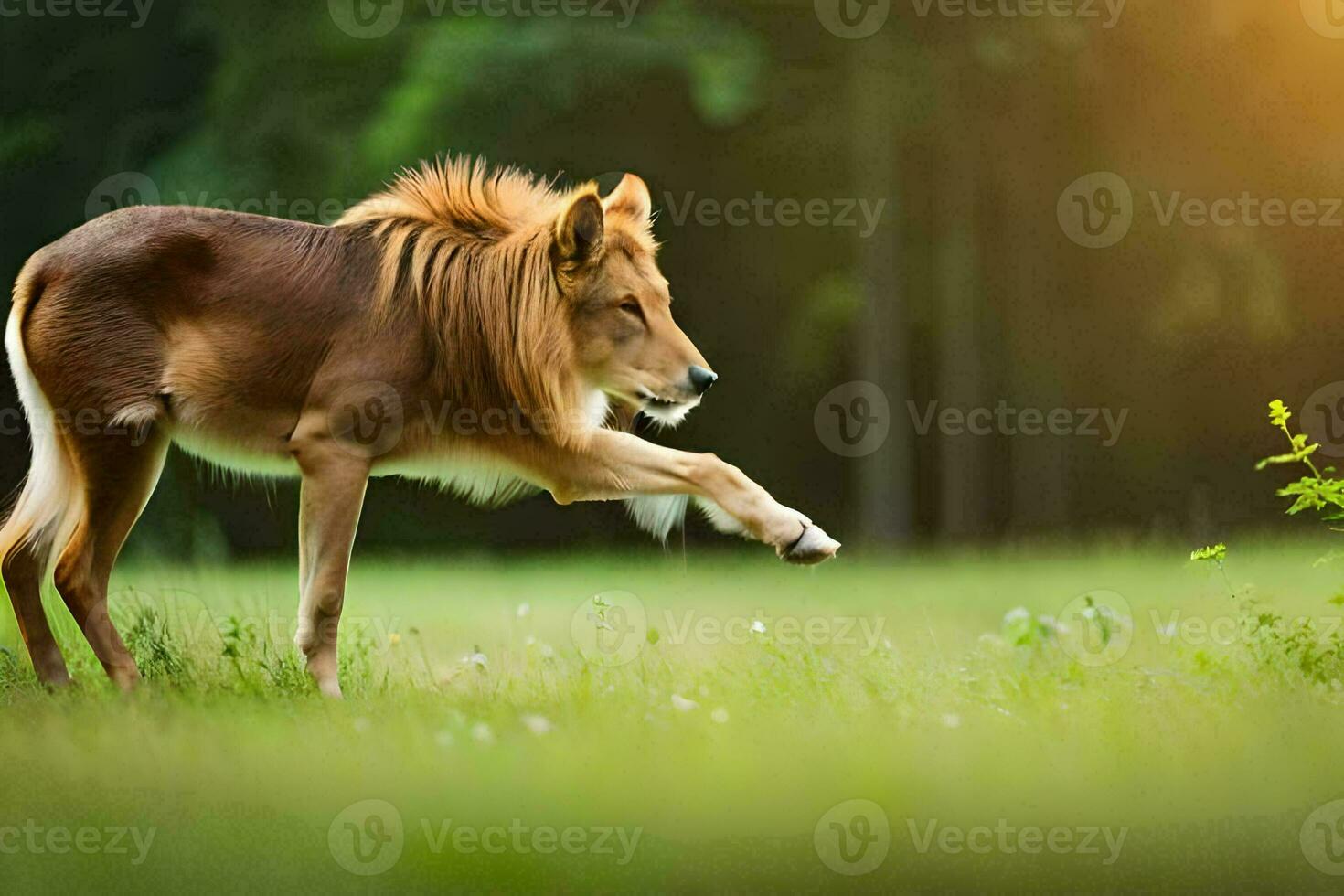 a lion is walking in the grass. AI-Generated photo