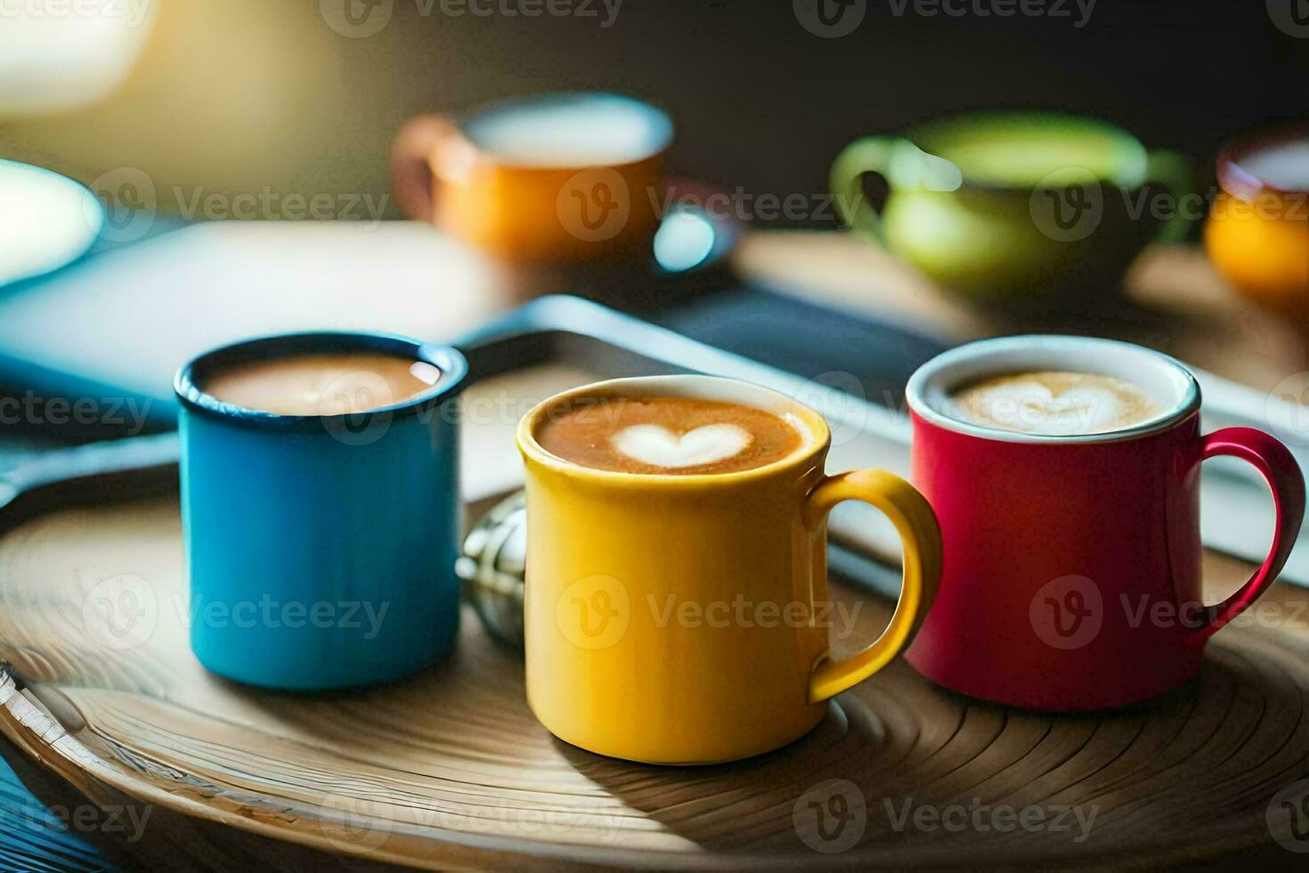 Tres café tazas con corazón conformado latté Arte en a ellos. generado por ai foto