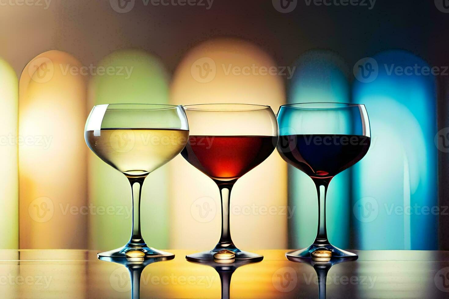 three glasses of wine are shown in front of a colorful background. AI-Generated photo