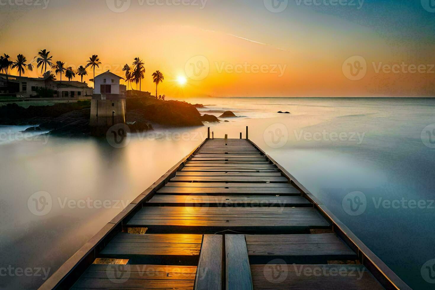 a long exposure photo of a pier at sunset. AI-Generated