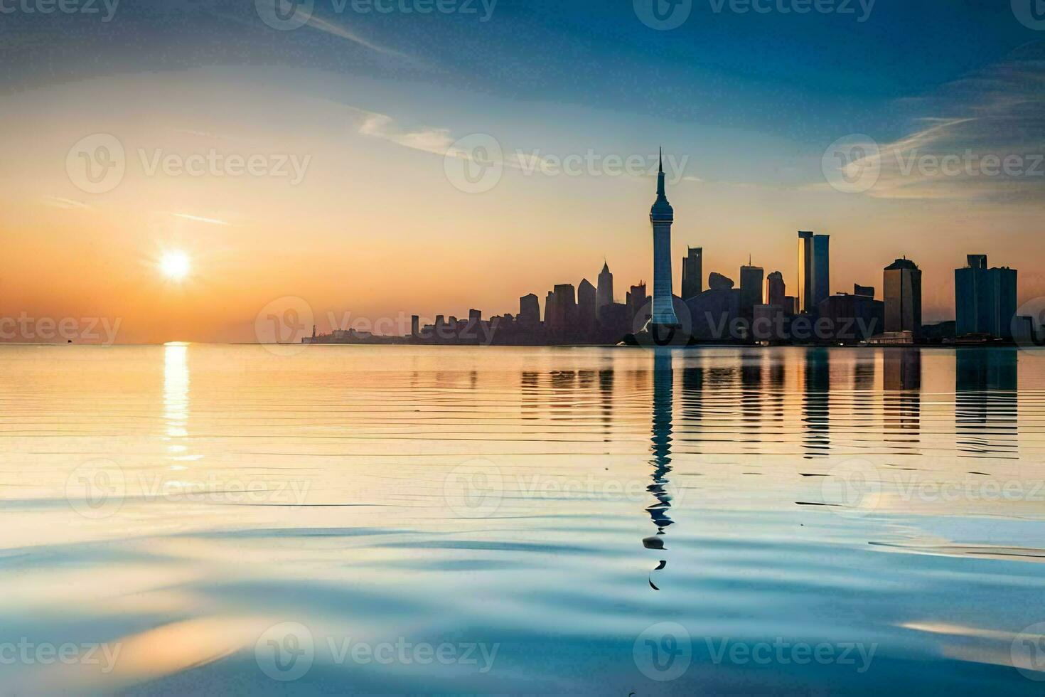 the city skyline is reflected in the water at sunset. AI-Generated photo