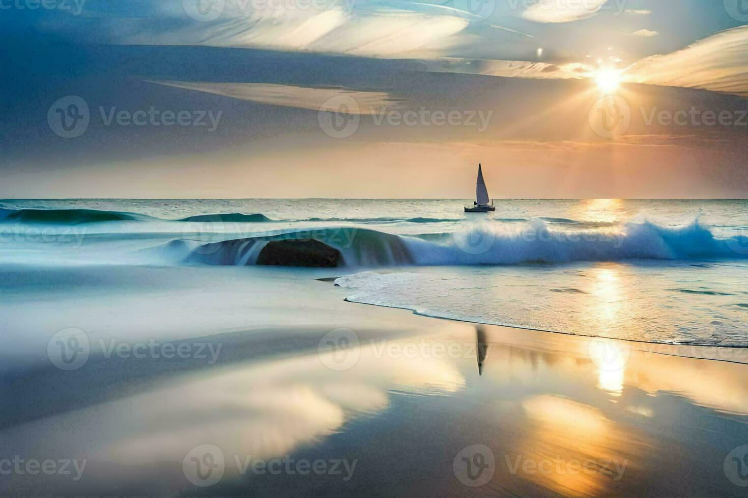 un velero es navegación en el Oceano ondas. generado por ai foto