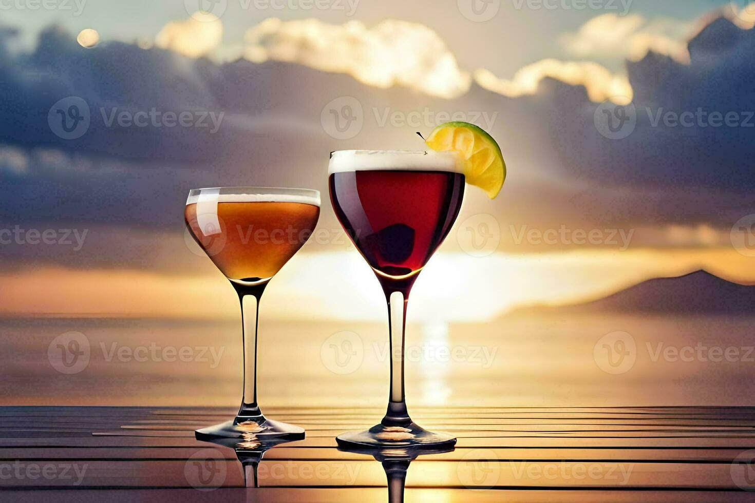 two glasses of alcohol on a table with sunset in the background. AI-Generated photo