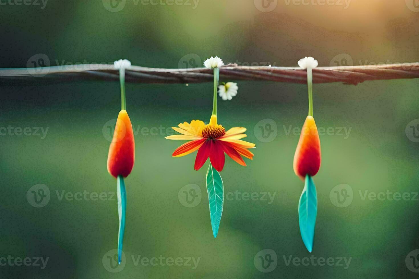 three colorful flowers hanging from a wire. AI-Generated photo