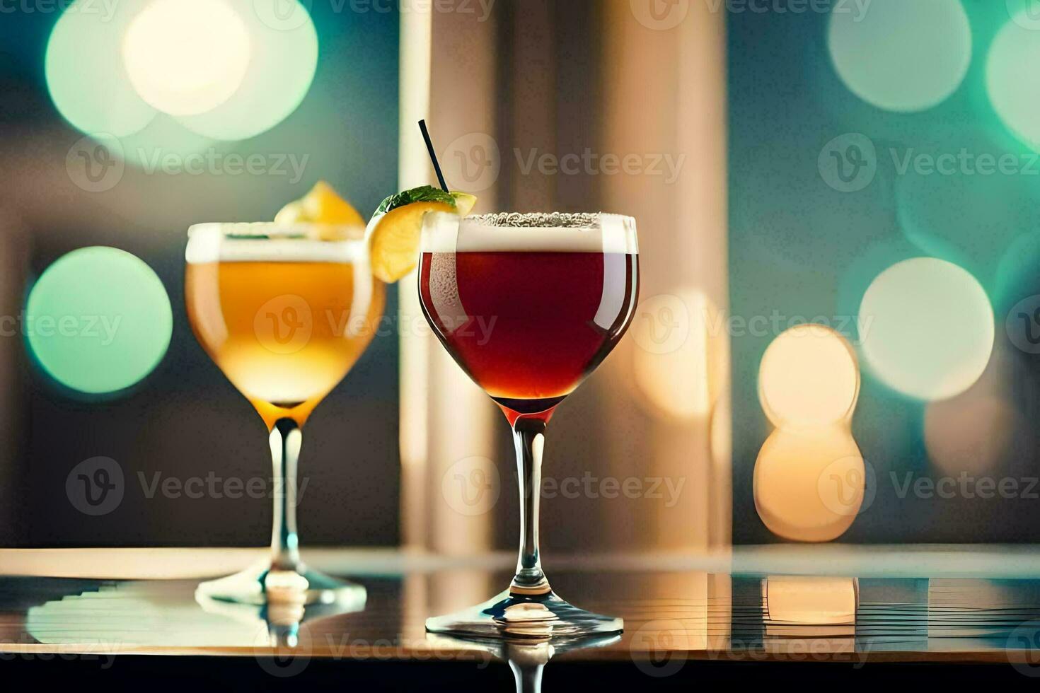 two glasses of alcohol on a table in front of a window. AI-Generated photo