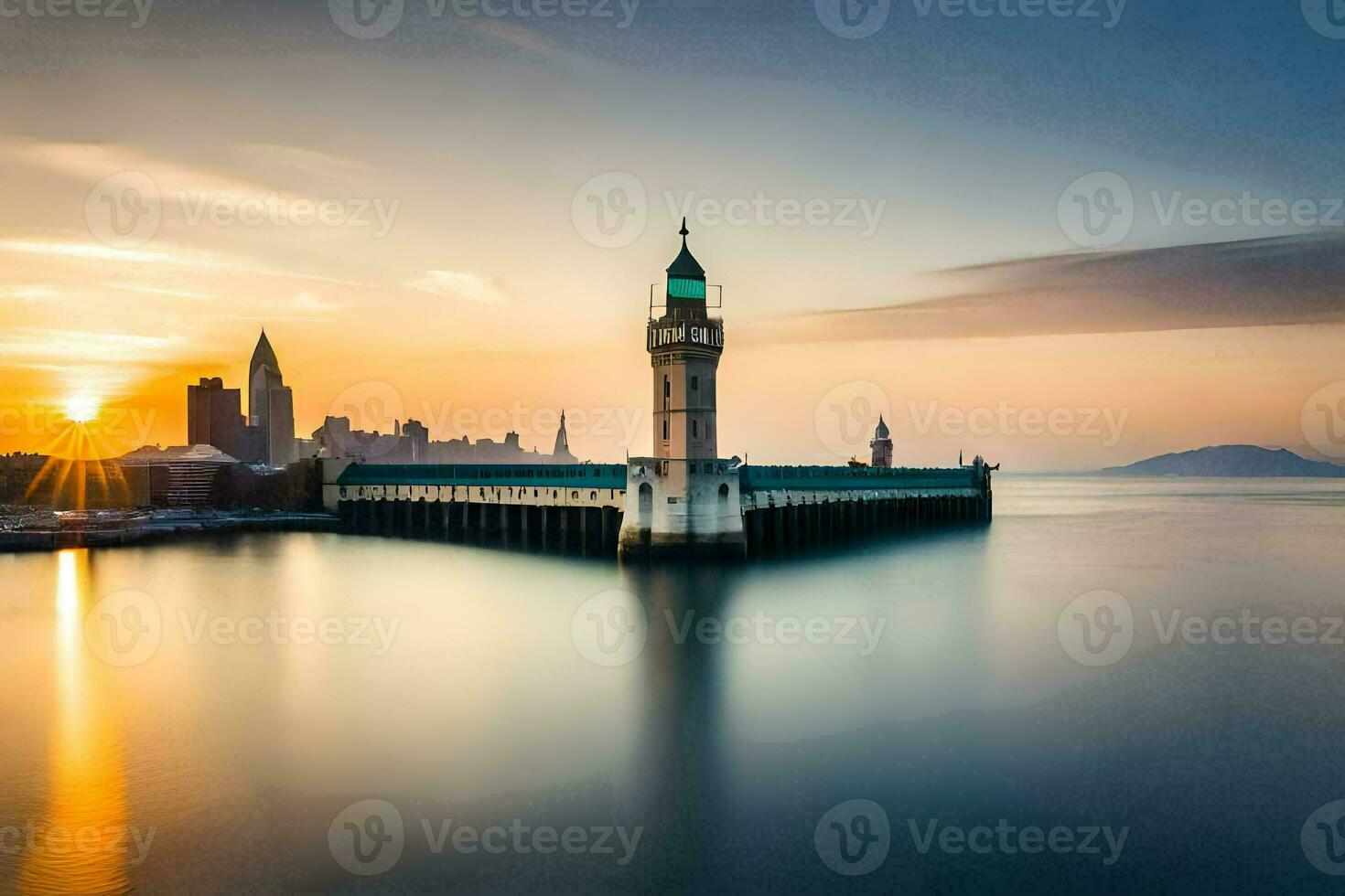 the sun is setting over a large clock tower. AI-Generated photo