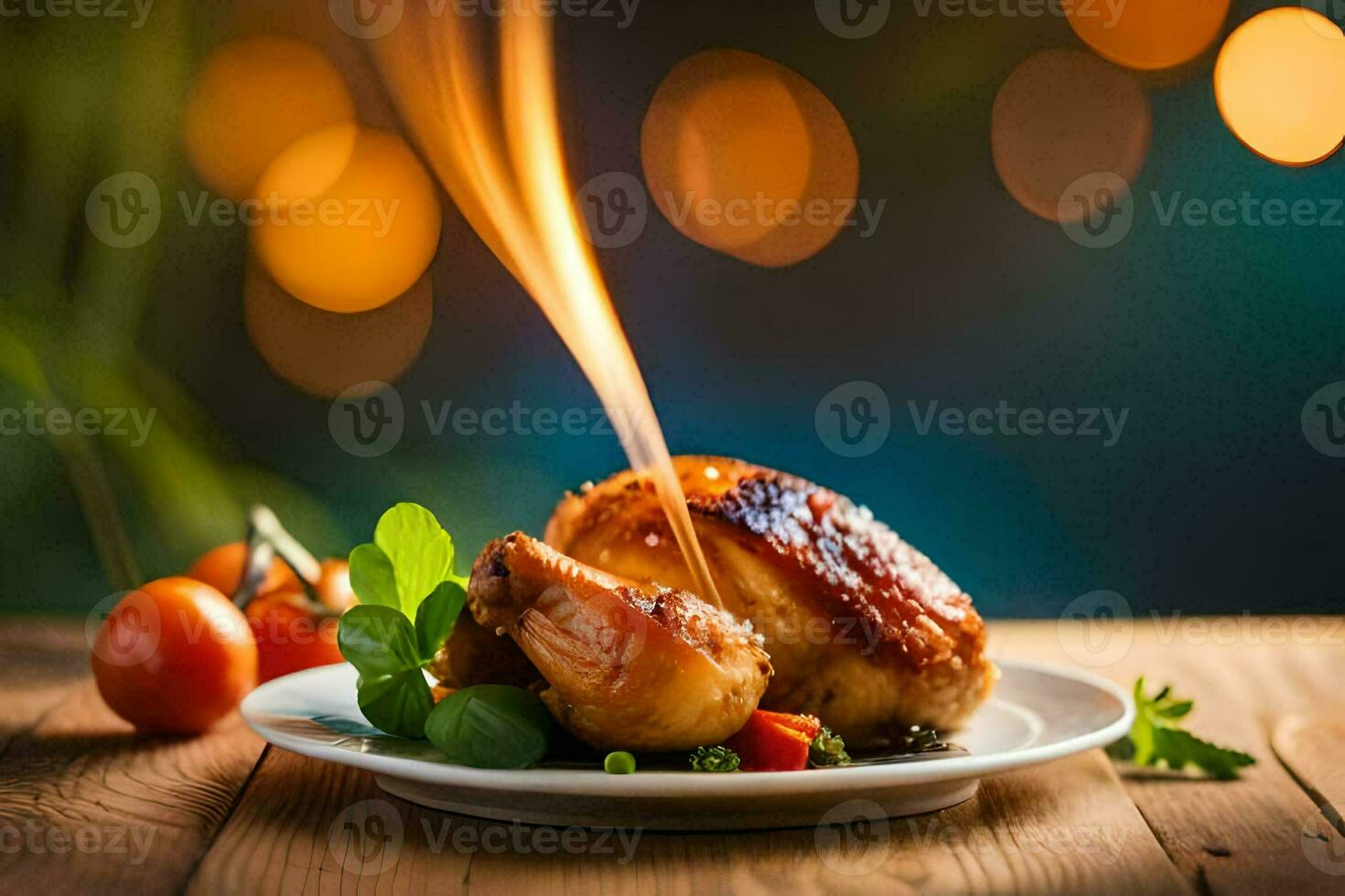 a chicken is being cooked on a plate with a flame. AI-Generated photo