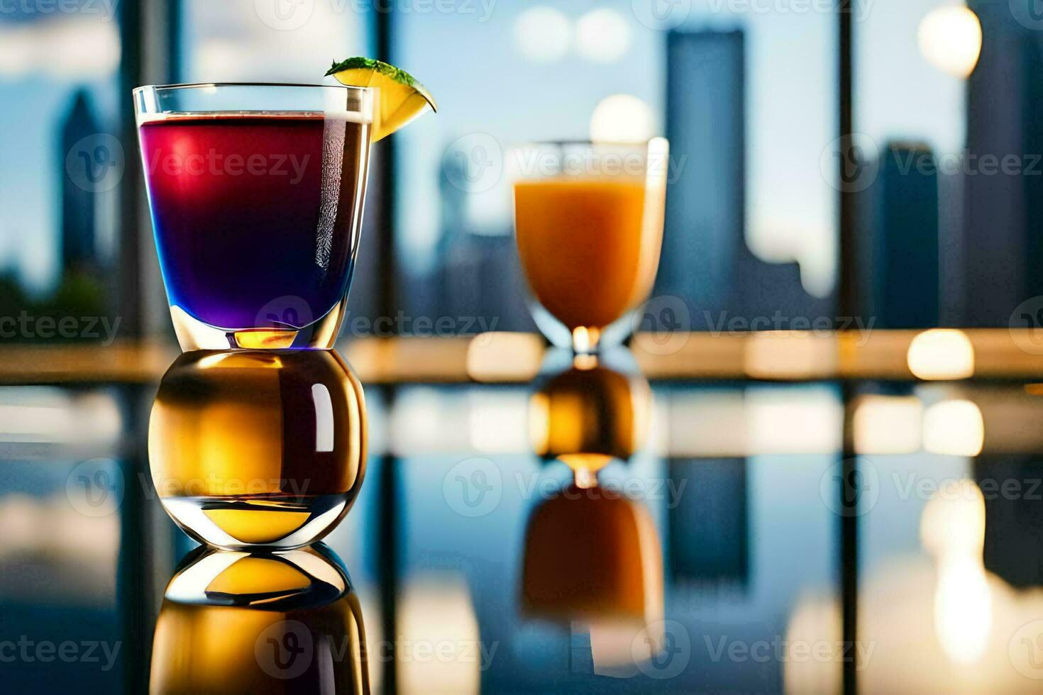 two glasses of colorful drinks sit on a table. AI-Generated photo