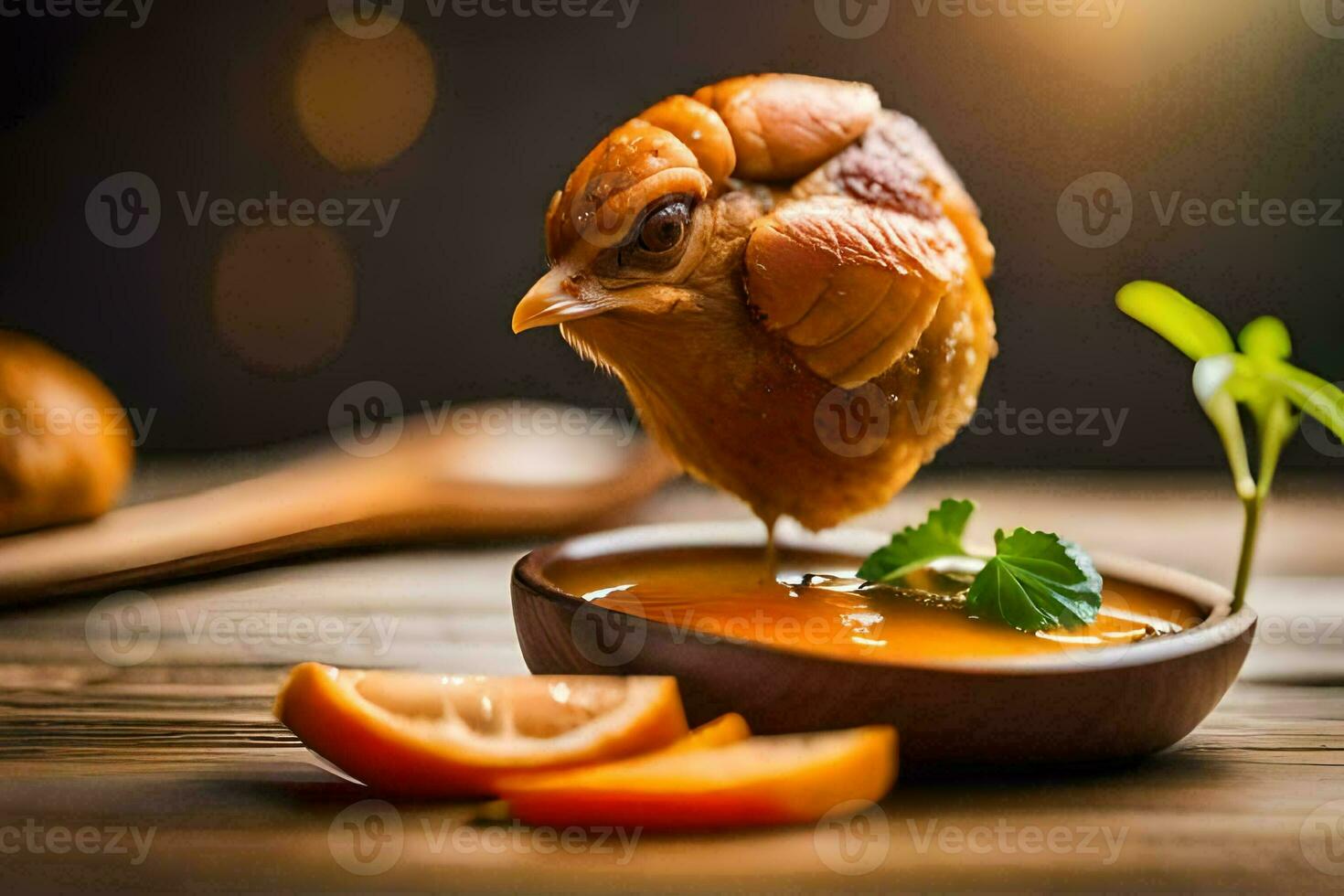 un pollo es sentado en parte superior de un cuenco de sopa. generado por ai foto