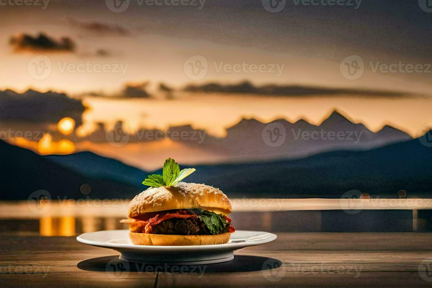 a hamburger on a plate with a view of mountains. AI-Generated photo