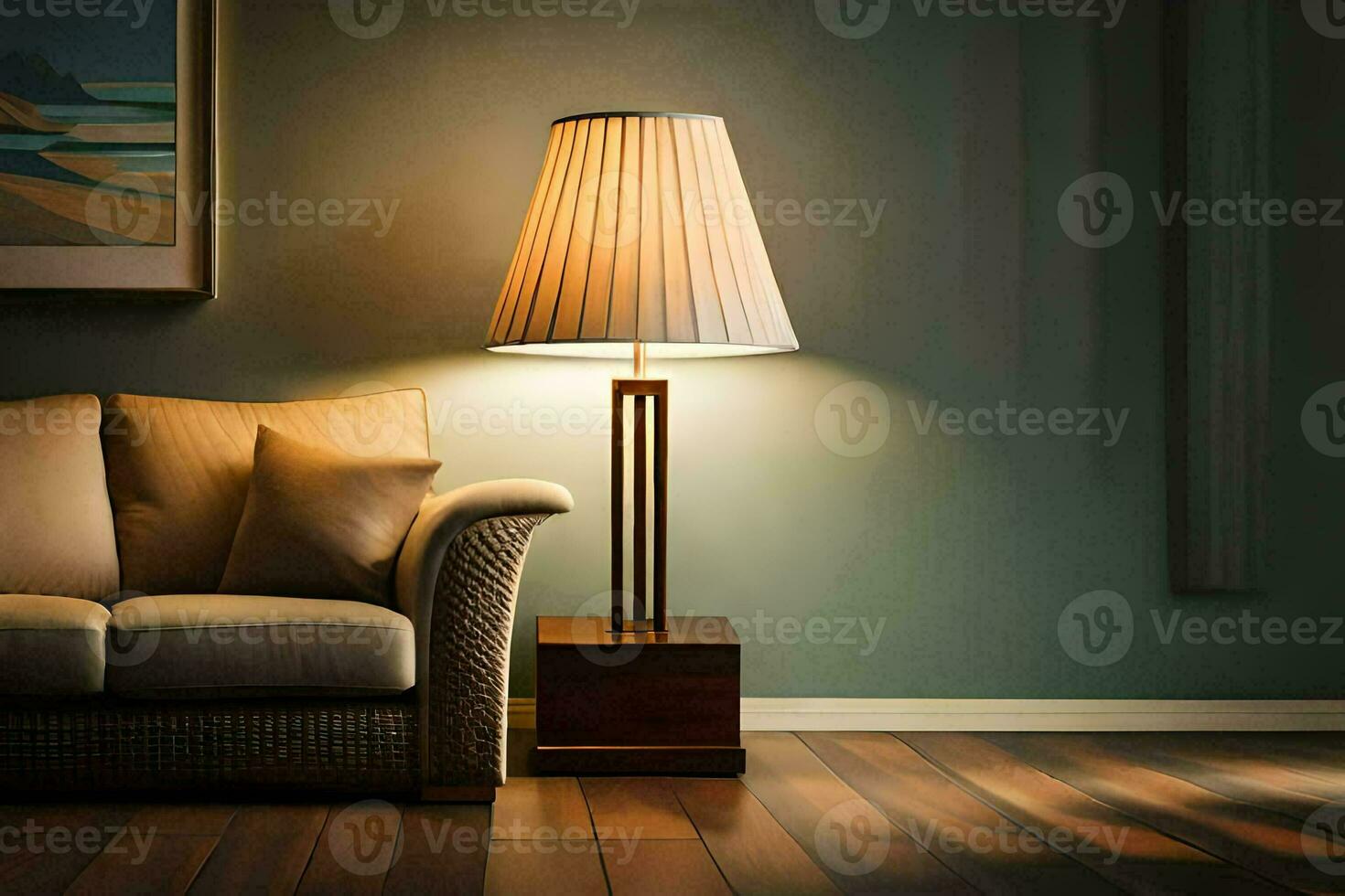 a lamp is sitting on a wooden floor next to a couch. AI-Generated photo
