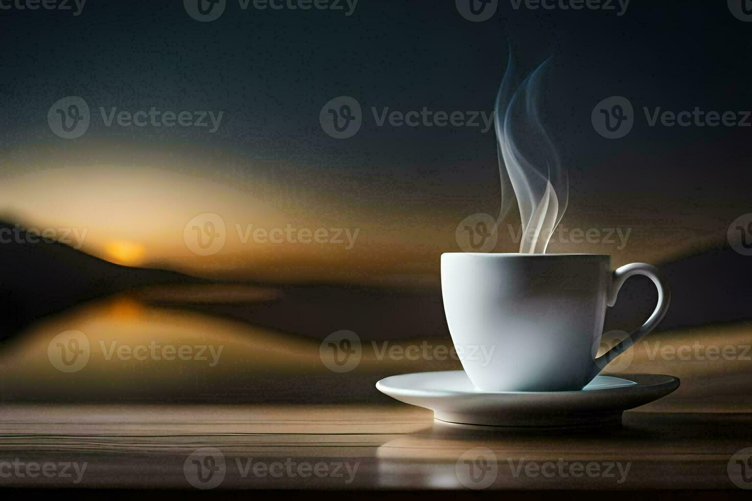 a cup of coffee on a table with a beautiful sunset. AI-Generated photo