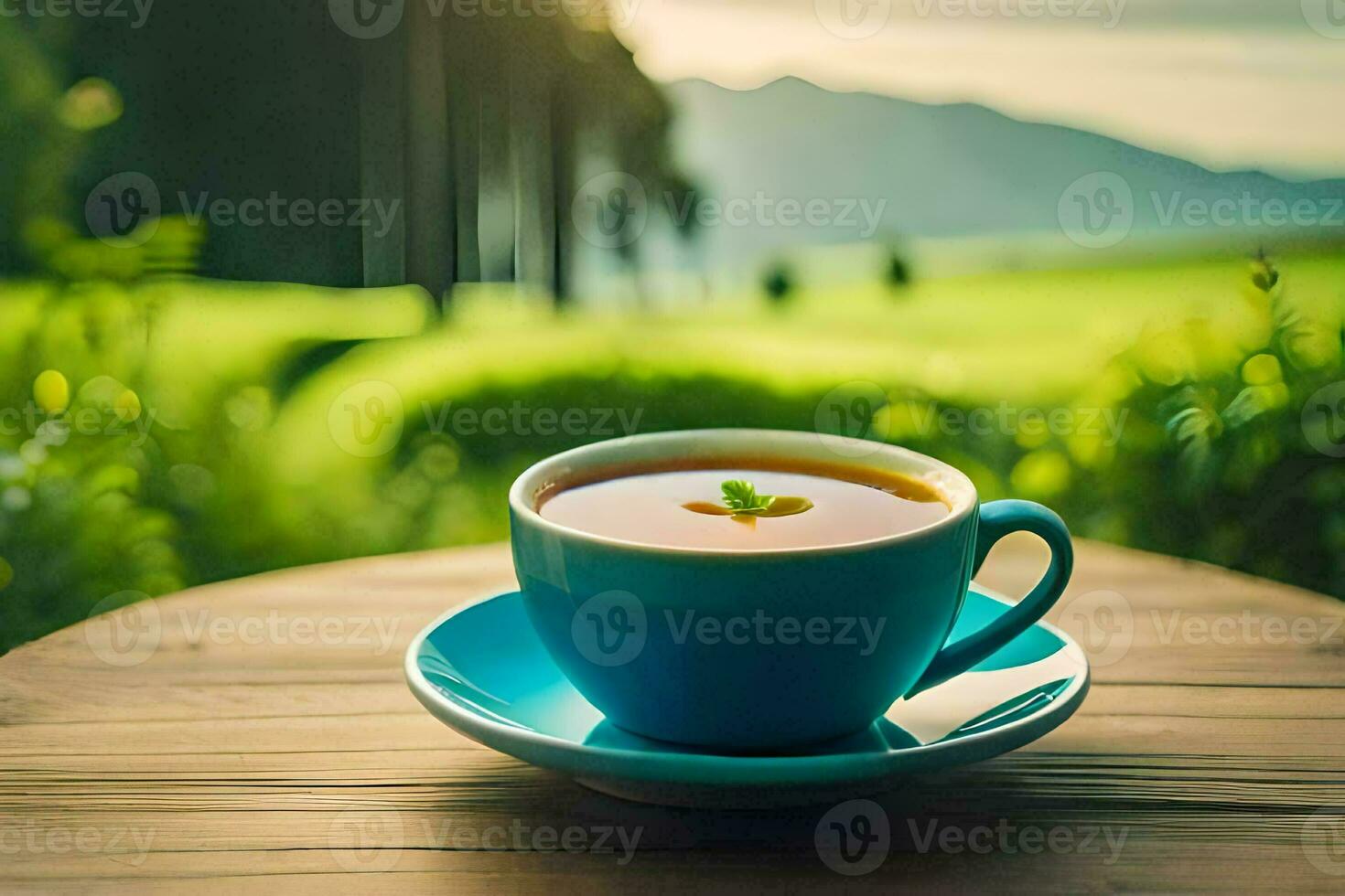 a cup of tea on a table in the mountains. AI-Generated photo