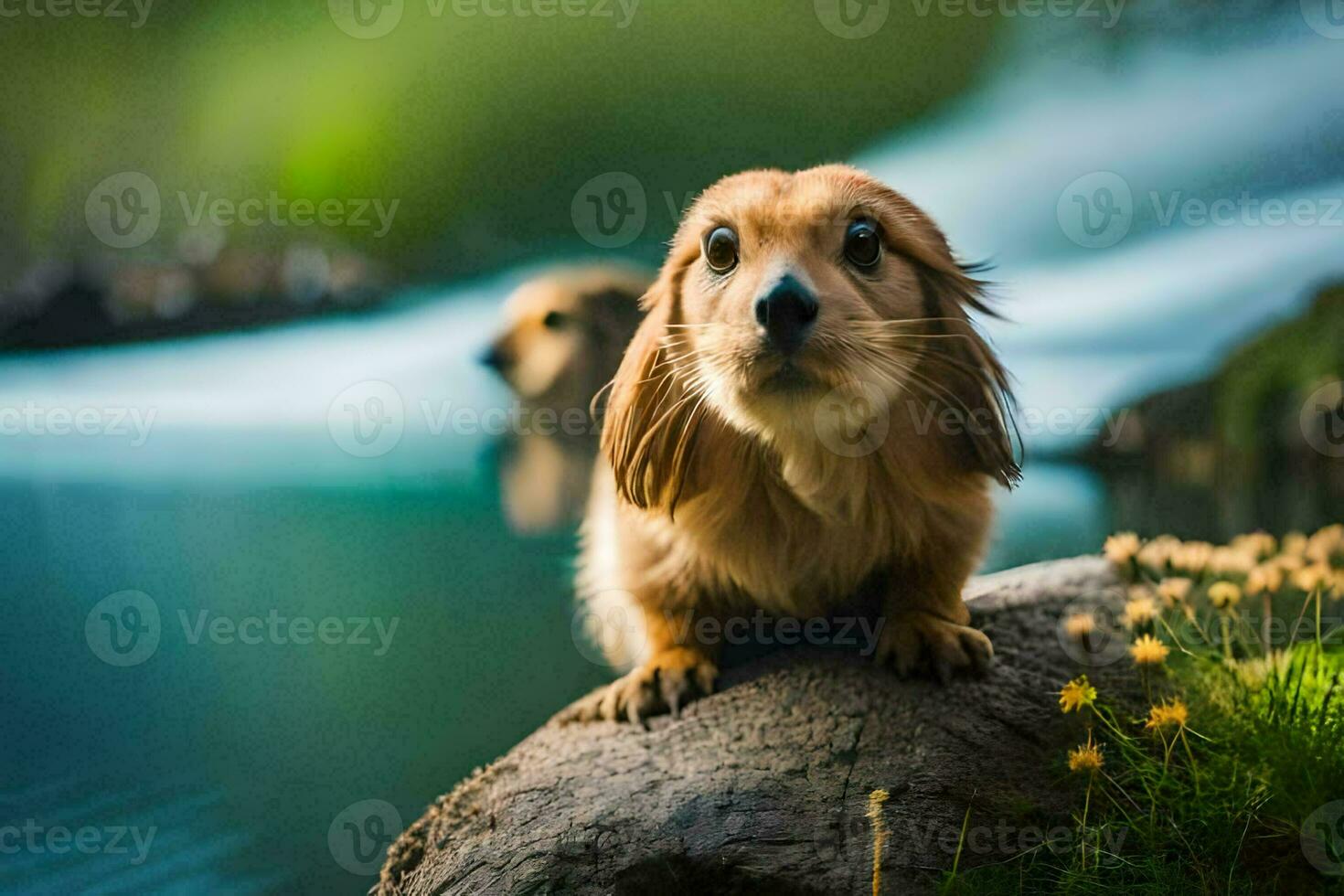 a dog is standing on a rock near a river. AI-Generated photo