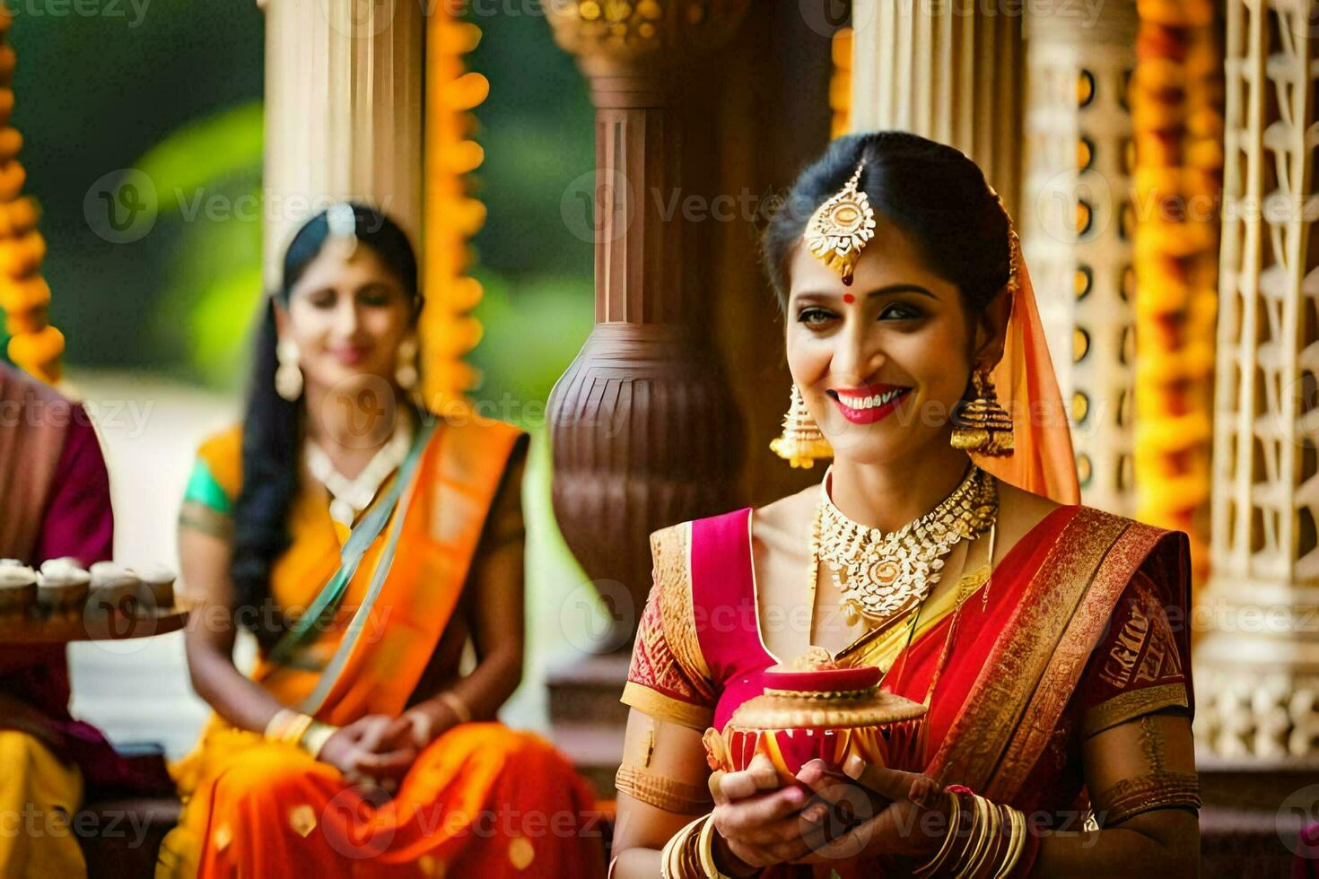 un mujer en un sari es participación un bandeja de alimento. generado por ai foto