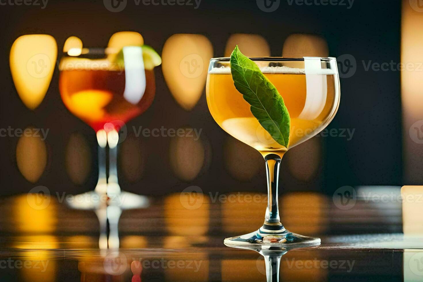 two glasses of drinks with a garnish on the table. AI-Generated photo