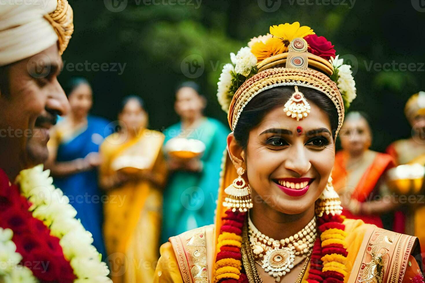 un novia y novio en tradicional indio atuendo. generado por ai foto