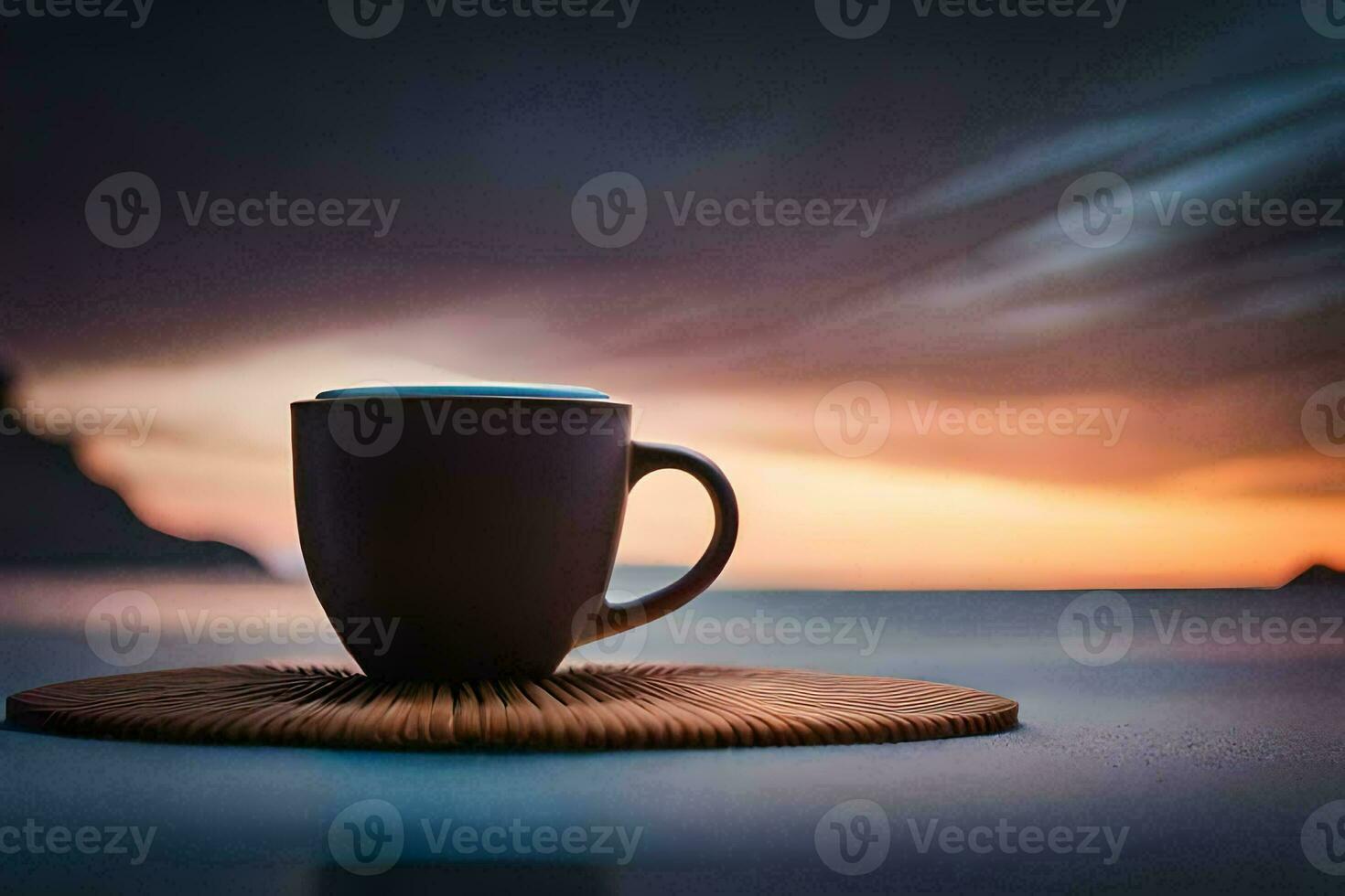 a cup of coffee on a mat in front of the ocean. AI-Generated photo