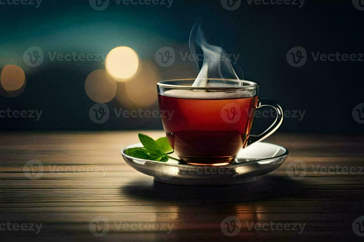 a cup of tea on a wooden table. AI-Generated photo