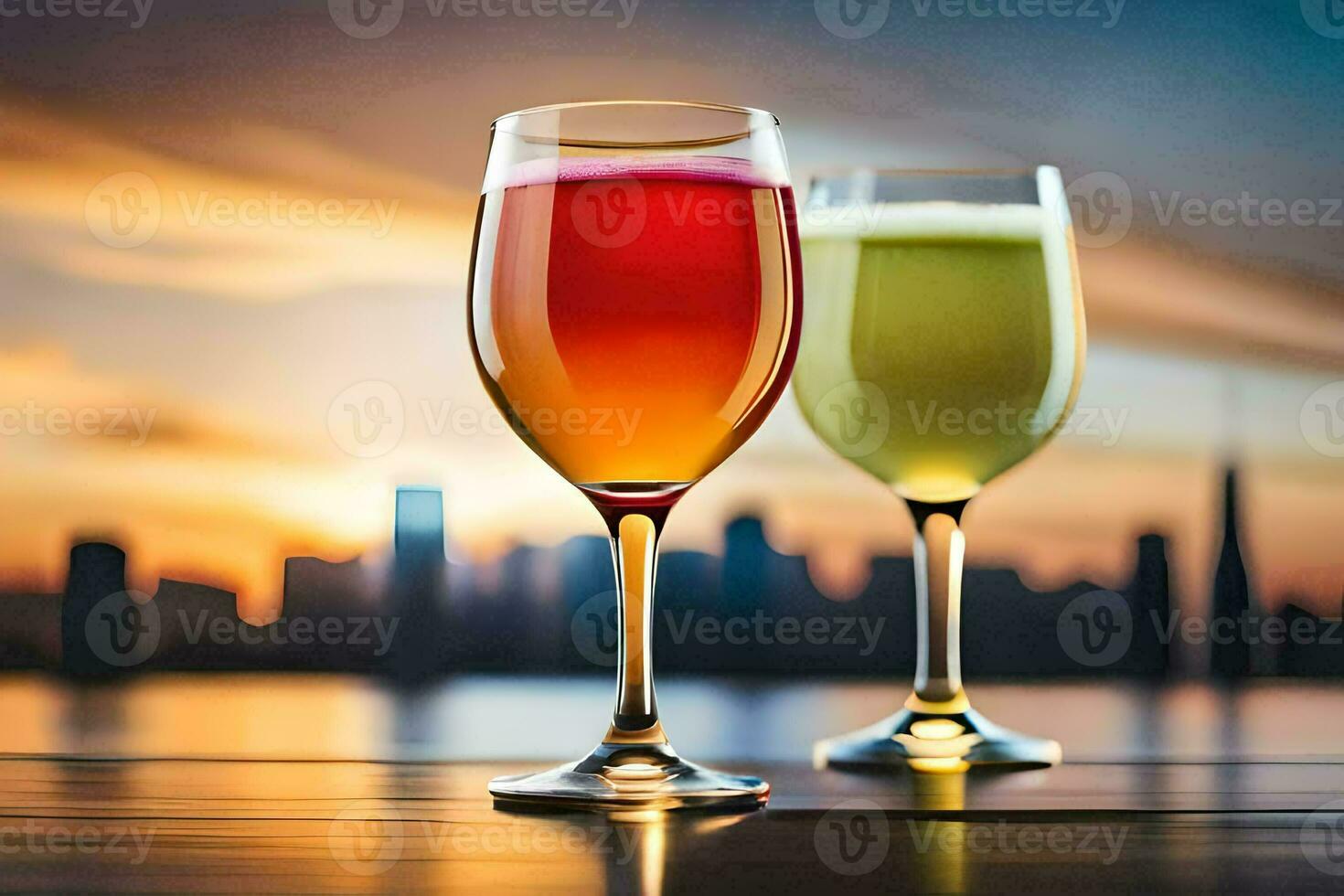 two glasses of juice with the city in the background. AI-Generated photo