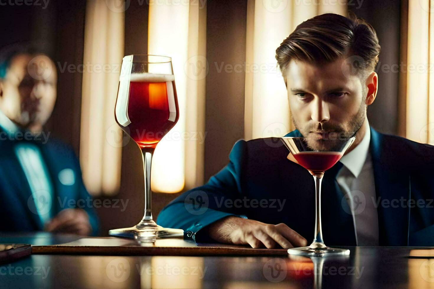 a man in a suit and tie sitting at a table with a glass of wine. AI-Generated photo