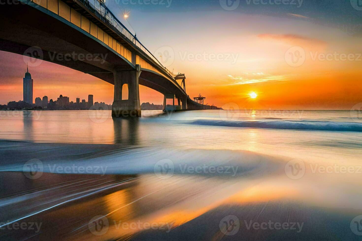 the sunset over the ocean and a bridge. AI-Generated photo