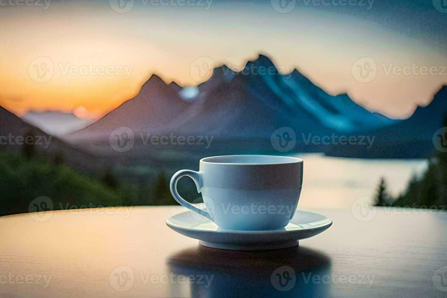 coffee cup on the table with mountains in the background. AI-Generated photo